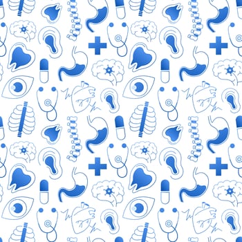 Seamless medical specialties pattern on white background for packaging design, wrapping paper, fabric or textile print, wallpaper for medical conference, hospital theme vector