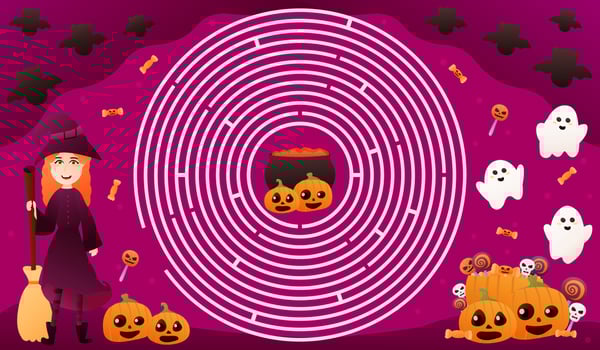 Halloween circle maze for kids with cute witch character holding broom, find right way to cauldroun with potion, spooky pumpkin faces and flying bat for worksheet or children educational book vector