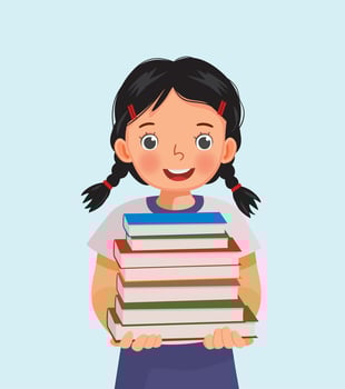 cute little girl student holding stack of books vector