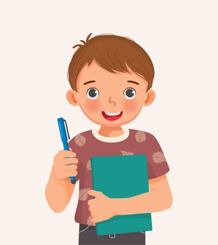 cute little boy student holding book and pen smiling vector