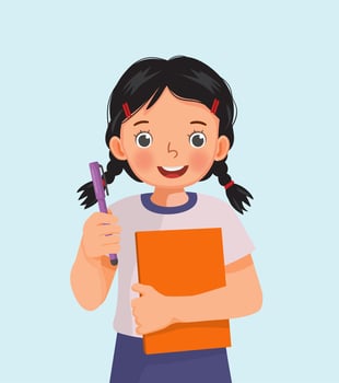 cute little girl student holding book and pen smiling vector