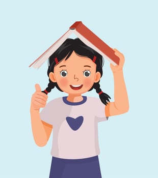 cute little girl student holding book on her head showing thumb up vector
