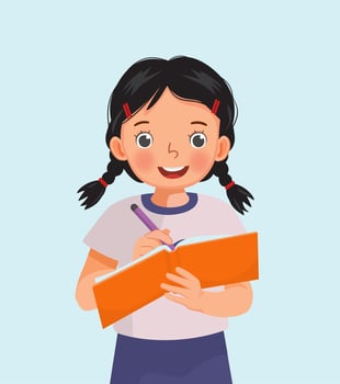 Cute little girl student holding pen and notebook writing making note vector
