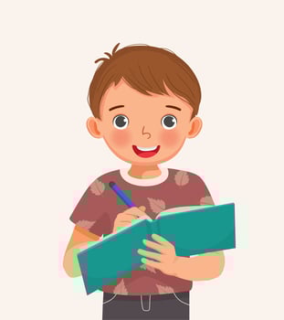 Cute little boy student holding pen and notebook writing making note vector