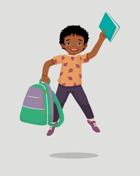 Happy little African boy student with backpack holding book and pen jumping feeling excited to be back to school vector