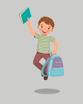 Happy little boy student holding backpack and book jumping feeling excited to be back to school vector