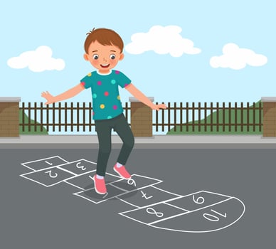 cute little boy playing hopscotch drawn with chalk outside on playground street at the park vector