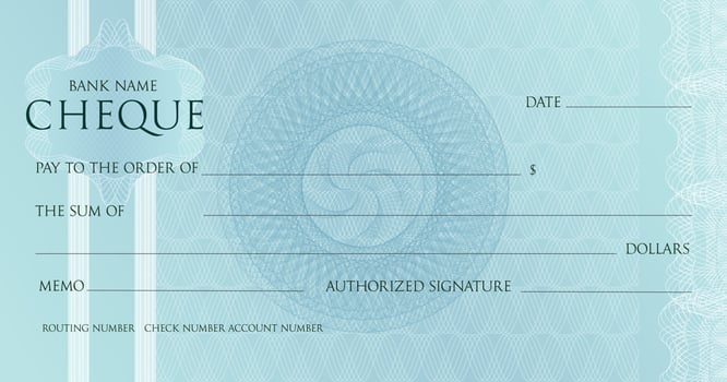 Money Check template, Chequebook paper. Blank blue business bank cheque with guilloche pattern rosette and abstract watermark. Vector Background for voucher design, gift certificate, ticket, coupon.