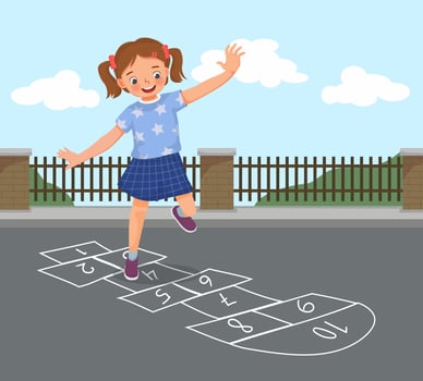 happy little girl playing hopscotch drawn with chalk outside on playground street at the park vector