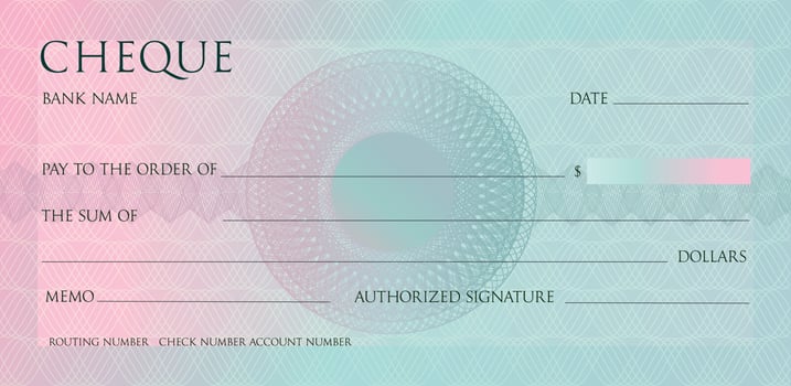 Check for Chequebook template. Lines pattern with watermark lines. Gradient background for ticket, Voucher, Gift certificate, Coupon, banknote, currency, bank note. Premium cheque vector design.