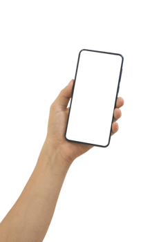 Hand holding smart phone with white blank screen isolated png