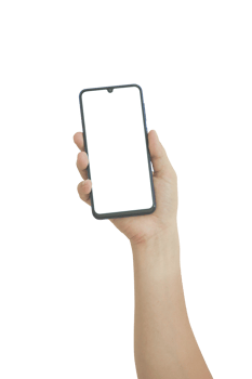 Hand holding smart phone with white blank screen isolated png