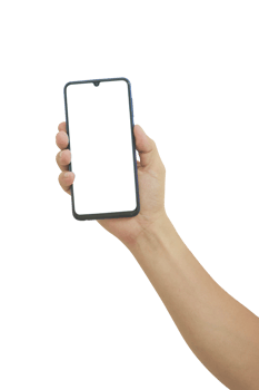 Hand holding smart phone with white blank screen isolated png