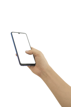 Hand holding smart phone with white blank screen isolated png