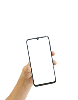Hand holding smart phone with white blank screen isolated png