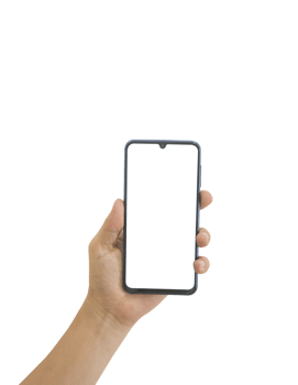 Hand holding smart phone with white blank screen isolated png