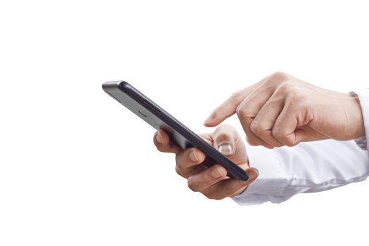 Close-up image of businessman hand holding mobile phone isolated. png