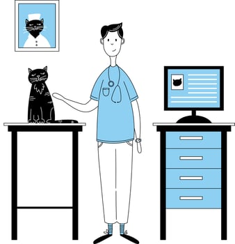 Reception at the veterinarian. The doctor examines the cat. Vector doodle illustration in cartoon style.