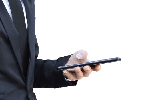 Close-up image of businessman hand holding mobile phone isolated. png