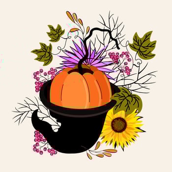 Vector isolated autumn bouquet with pumpkin on Halloween hat, leaves, flowers and berries.