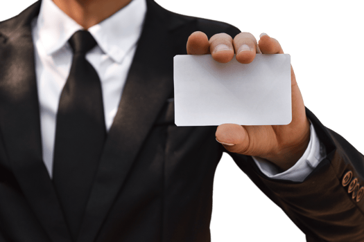 Businessman hand holding white business card isolated. png