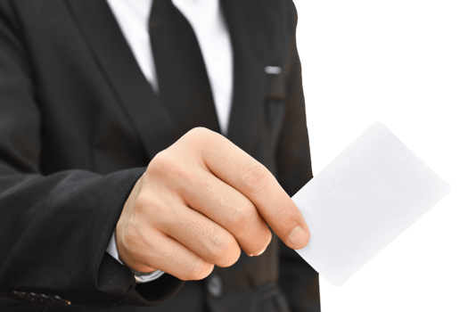 Businessman hand holding white business card isolated. png