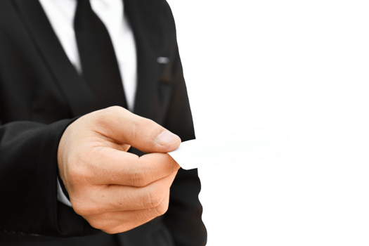 Businessman hand holding white business card isolated. png