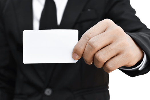 Businessman hand holding white business card isolated. png