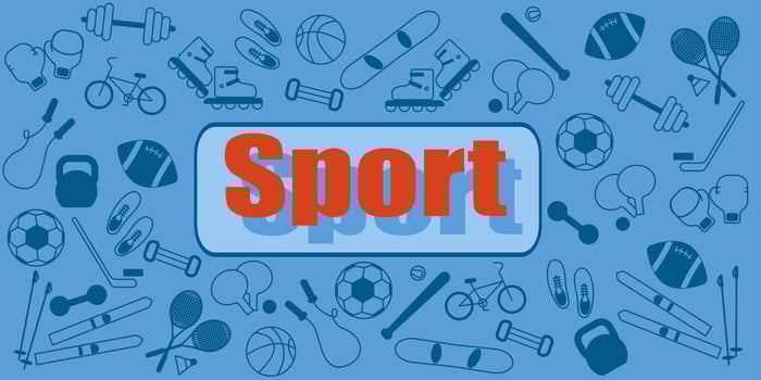 sport is my lifestyle. banner. blue colors with red lettering. sports equipment. cartoon vector illustration.