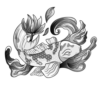 hand drawn koi fish with flower tattoo for Arm. Japanese tattoo and illustration for coloring book. Asian traditional tattoo design. Koi carp with Water splash vector
