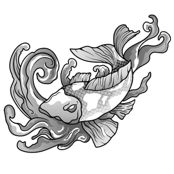 hand drawn koi fish with flower tattoo for Arm. Japanese tattoo and illustration for coloring book. Asian traditional tattoo design. Koi carp with Water splash vector