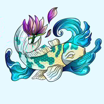 hand drawn koi fish, tropical japanese flowers vector illustration.Colorful Koi carp with Water splash,lotus and peony flower. Print for t-shirt graphic and other uses.