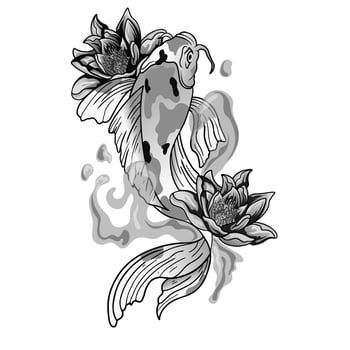 hand drawn koi fish with flower tattoo for Arm. Japanese tattoo and illustration for coloring book. Asian traditional tattoo design. Koi carp with Water splash vector