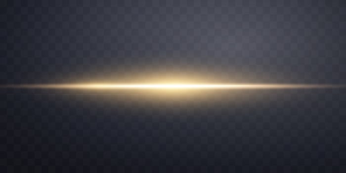 Gold horizontal lens flare. Sun flash with rays or gold spotlight and bokeh. Yellow glow flare light effect. Vector illustration.