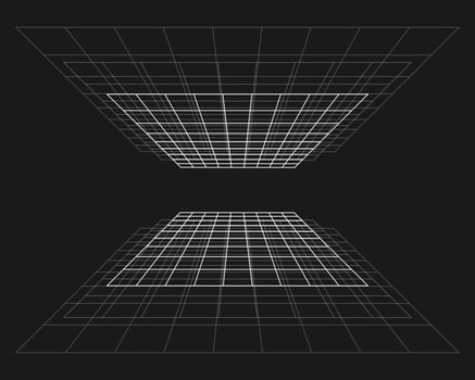 Cyber grid, retro punk perspective rectangular tunnel. Grid tunnel geometry on black background. Vector illustration.