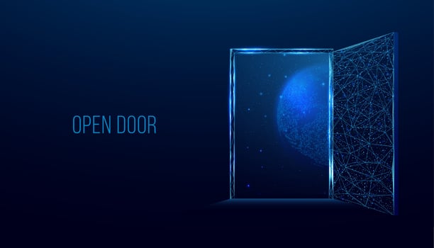 Open door to space, universe. Banner with glowing low poly door on dark blue background. Wireframe low poly design. Abstract futuristic vector illustration.
