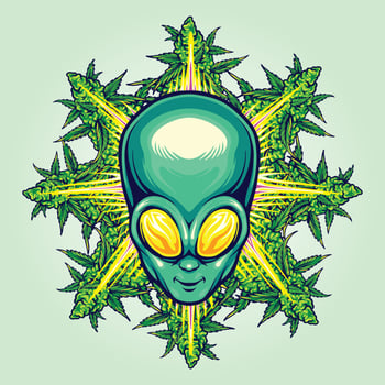 Alien head with cannabis leaf illustrations Vector illustrations for your work Logo, mascot merchandise t-shirt, stickers and Label designs, poster, greeting cards advertising business or brands.