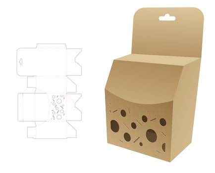 Hanging packaging with stenciled pattern die cut template and 3D mockup vector
