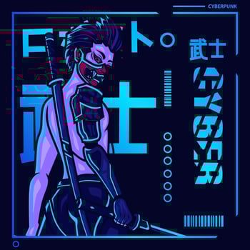 Samurai cyberpunk fiction character vector. Colorful t-shirt design illustration. Translation Robot Samurai Robot. vector