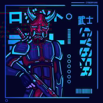 Samurai cyberpunk fiction character vector. Colorful t-shirt design illustration. Translation Robot Samurai Robot. vector