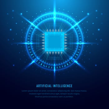 Modern Artificial intelligence background. Technology Science Day background with chipset, hand and geometric elements vector. vector