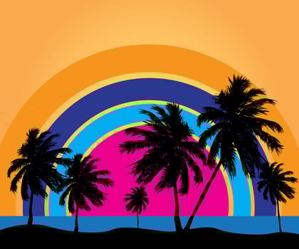 palm trees on the sea and background with rainbow old vector