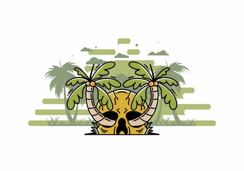 Two coconut trees growing on a skull illustration vector