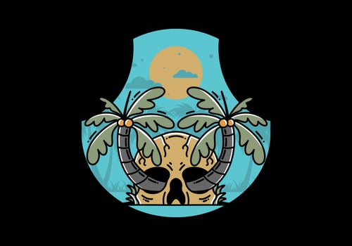 Two coconut trees growing on a skull illustration vector