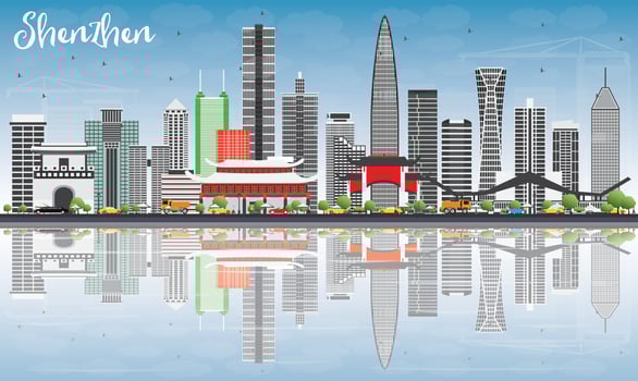 Shenzhen Skyline with Gray Buildings, Blue Sky and Reflections. vector