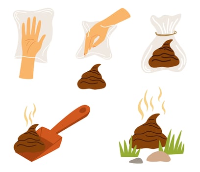 Cleaning for the dog set. Hygienic dog bag with poop icon. Cleaning the park after walking pets concept. Hand draw Vector illustration isolated on the white background.
