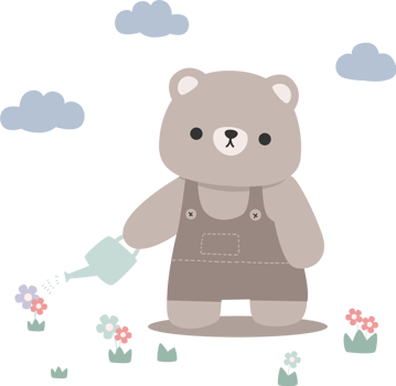 teddy bear watering flowers flat style cartoon illustration png