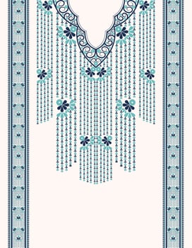 Ethnic blue color neck embroidery dress floral pattern on white background. Beautiful tribal art feminine style. vector