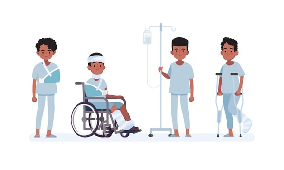 Set of sick black men in different characters. vector