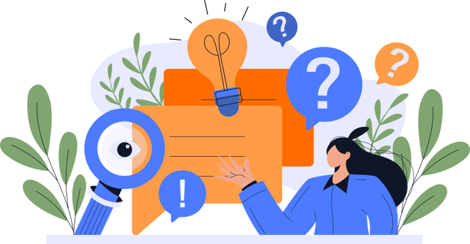 FAQ concept illustration. people looking through magnifying glass at interrogation point. searching solutions, useful information, customer support, solving problem png